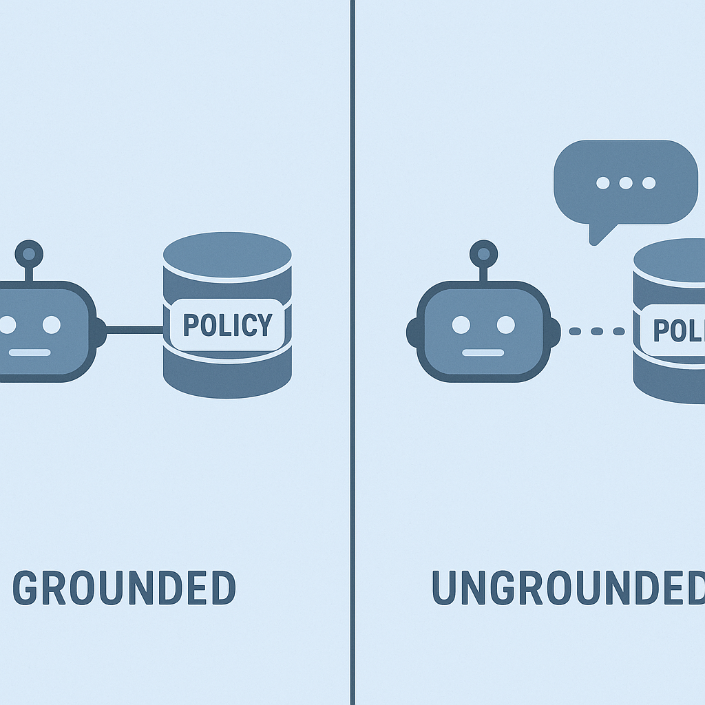 Two-panel diagram contrasting a chatbot grounded in a verified policy database against an ungrounded chatbot improvising an answer