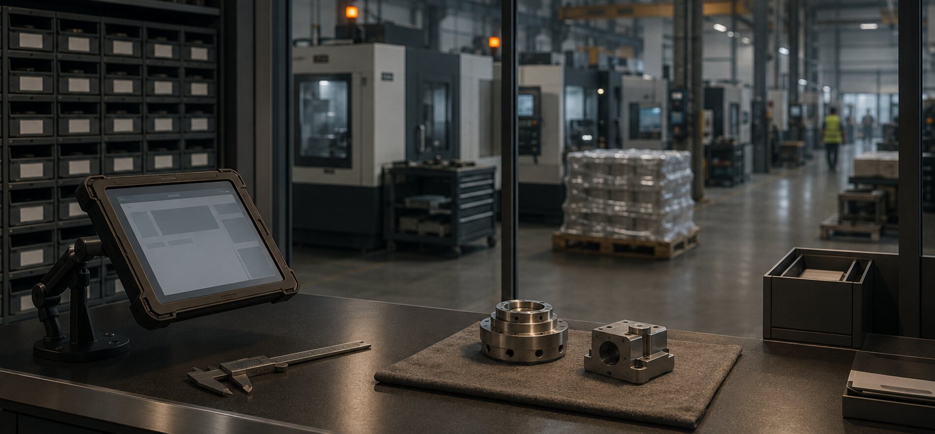 Industrial parts service counter with a rugged tablet, calipers and machined components beside a wall of parts drawers, with CNC machining cells and amber status beacons visible through the glass partition behind it