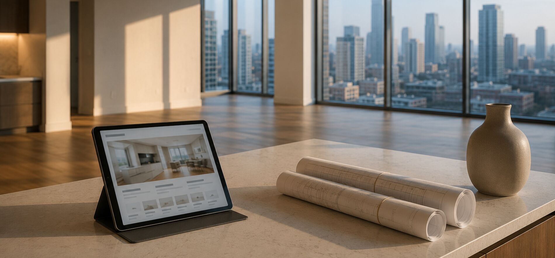Unfurnished apartment interior with a city skyline through a floor-to-ceiling window wall, and a tablet on the kitchen island showing a property listing layout beside rolled architectural drawings