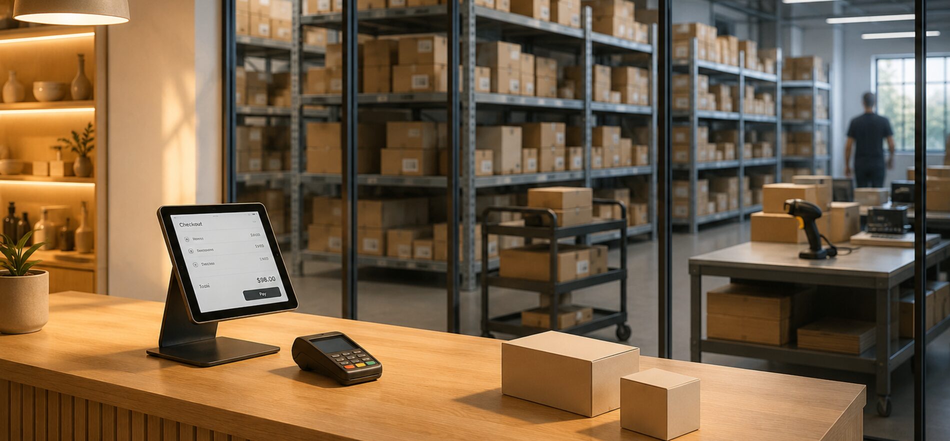 Retail checkout counter with a tablet point-of-sale terminal and packed orders, with warehouse shelving and a picking station visible through the glass wall behind it