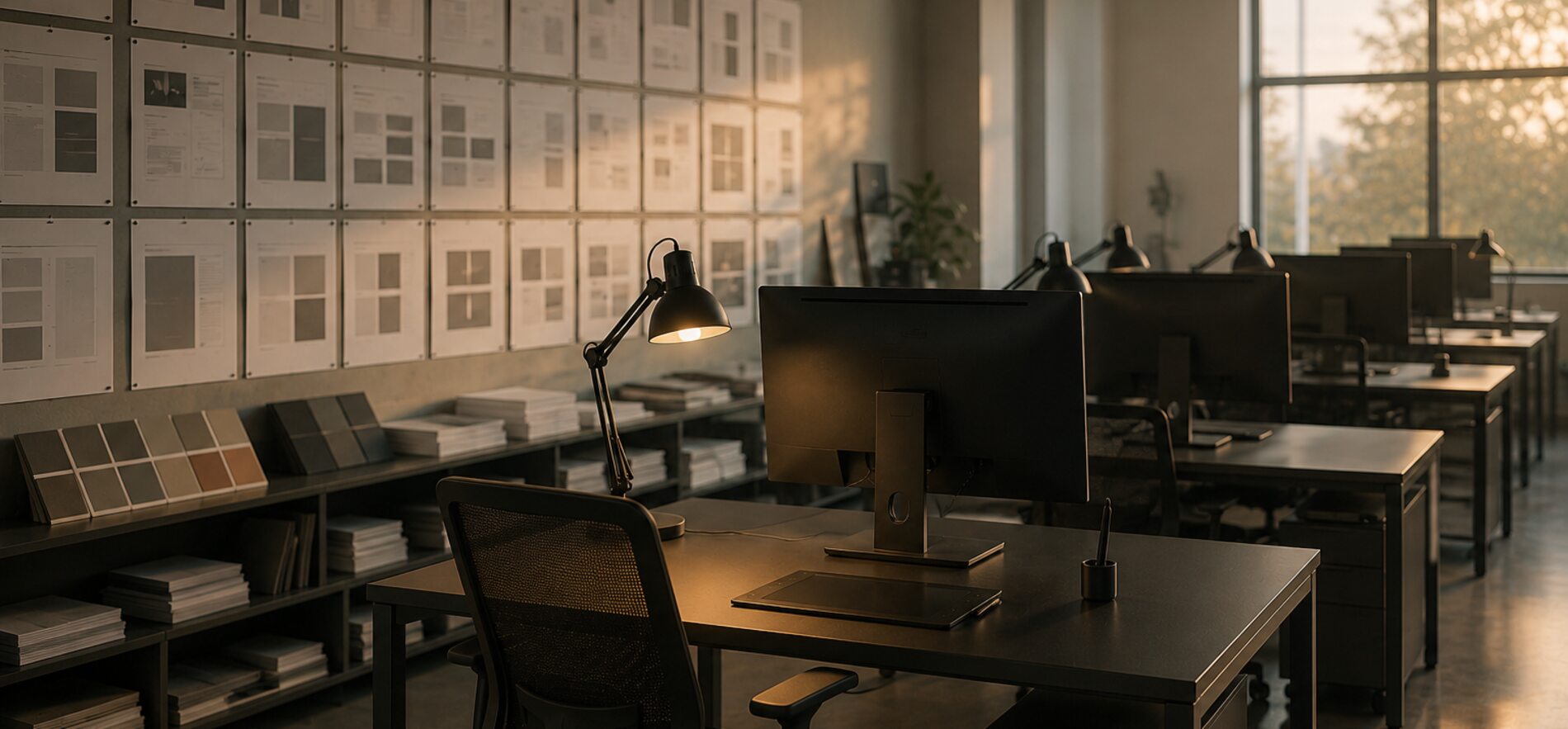Design studio interior with a wall grid of pinned layout boards and shelves of paper and colour samples, and one anonymous workstation with a lit desk lamp, a monitor turned away and a graphics tablet, matching the row of desks continuing behind it