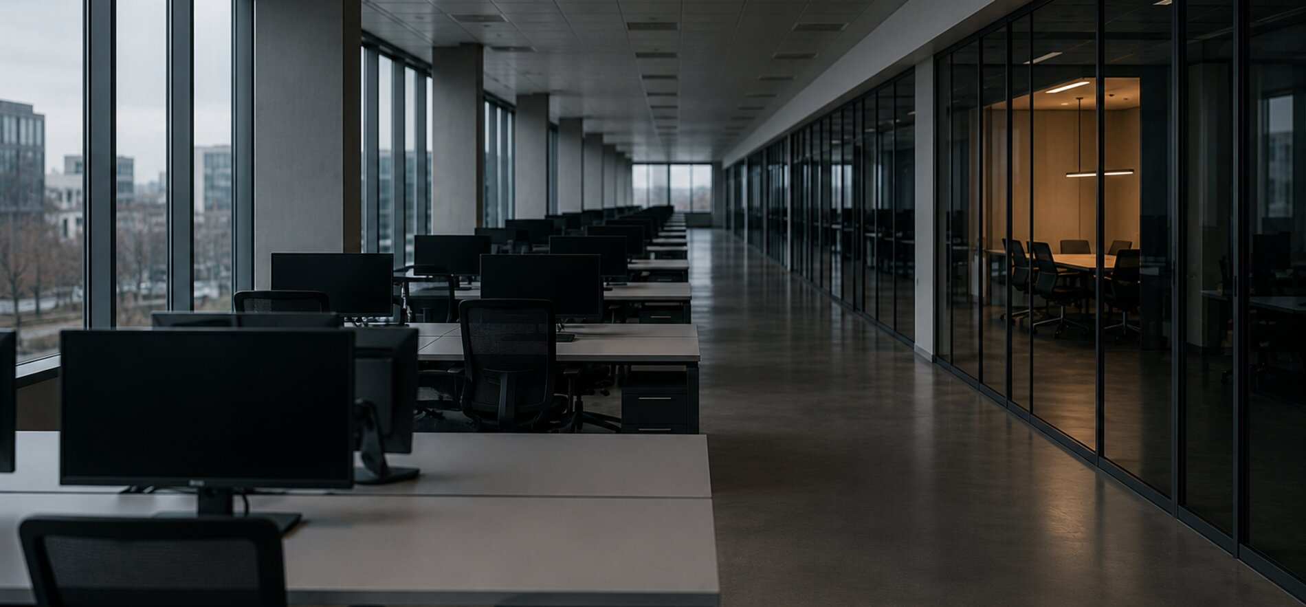Large enterprise technology floor, empty and quiet: rows of aligned desks with switched-off monitors receding into the distance, glass-walled meeting rooms along the right, one of them lit warm from within