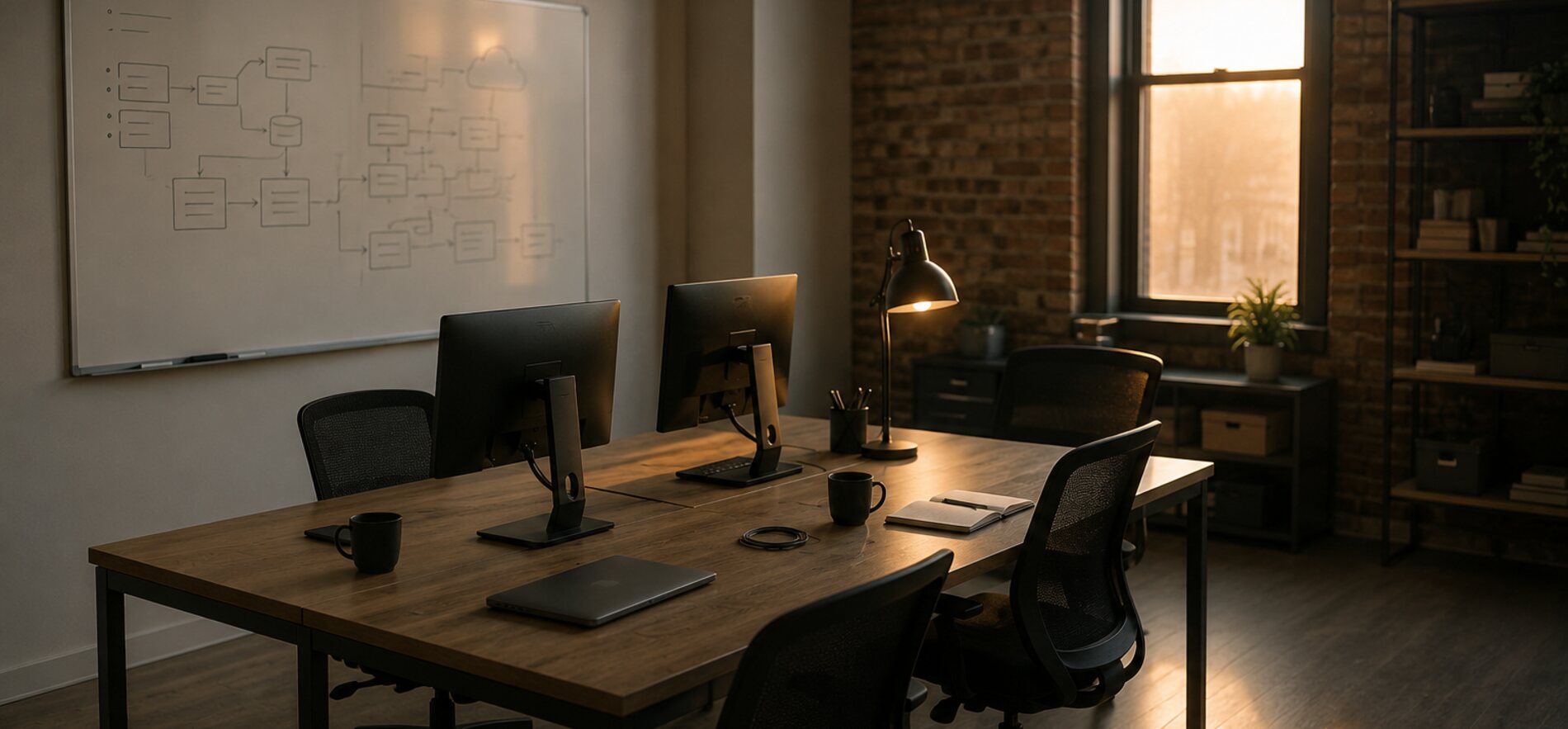 Small early-stage team workspace at dawn: two desks pushed together with switched-off monitors, a laptop and coffee cups, an architecture diagram sketched on the whiteboard, and a single desk lamp still lit